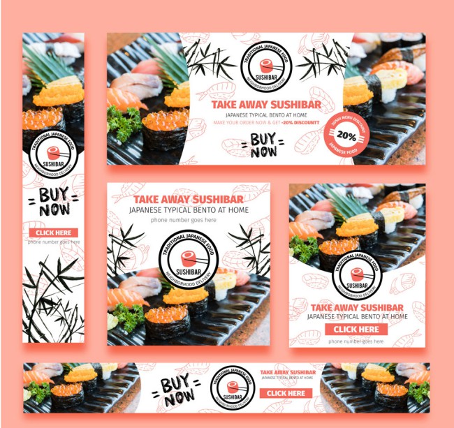 5款创意日本寿司餐馆卡片矢量素材普贤居素材网精选