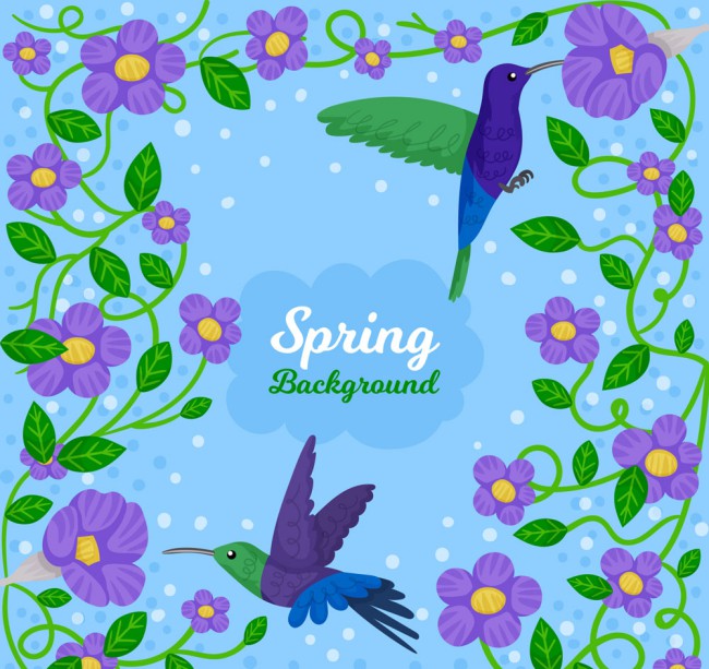 春季紫色花卉和蜂鸟矢量素材普贤居素材网精选