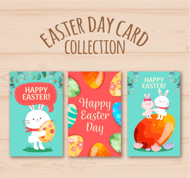 3款彩色复活节彩蛋和兔子卡片矢量图普贤居素材网精选