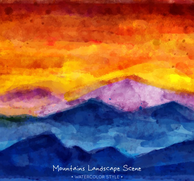 水彩绘夕阳下的山脉风景矢量素材16图库网精选