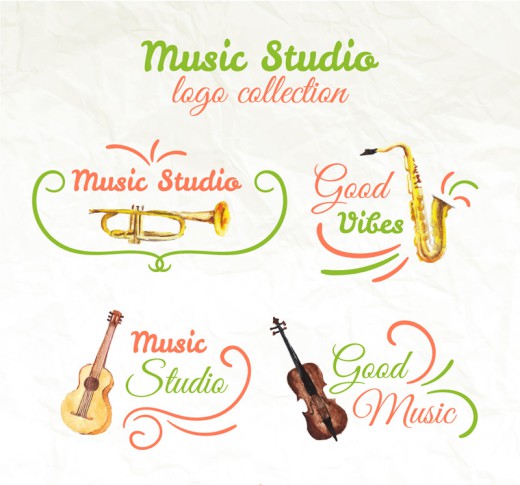 4款彩绘乐器音乐工作室标志矢量图普贤居素材网精选
