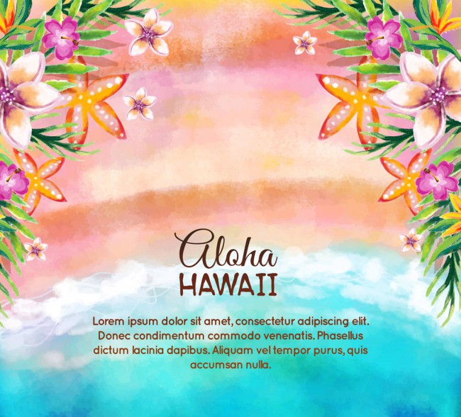 水彩绘夏威夷沙滩花卉矢量素材16设计网精选