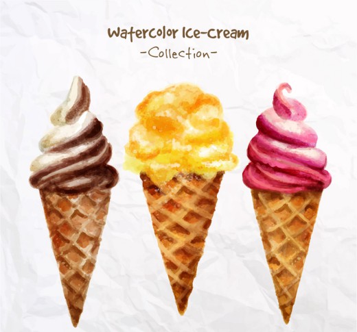 3款水彩绘甜筒冰淇淋矢量素材普贤居素材网精选