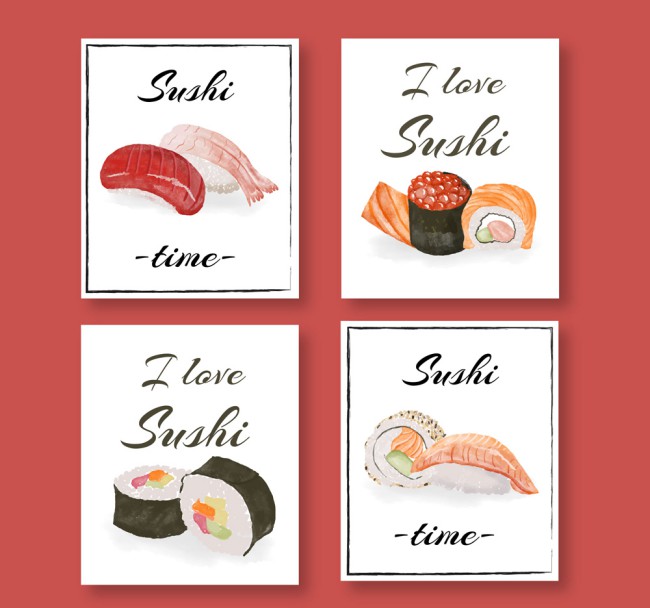 4款彩绘美味寿司卡片矢量素材16素材网精选