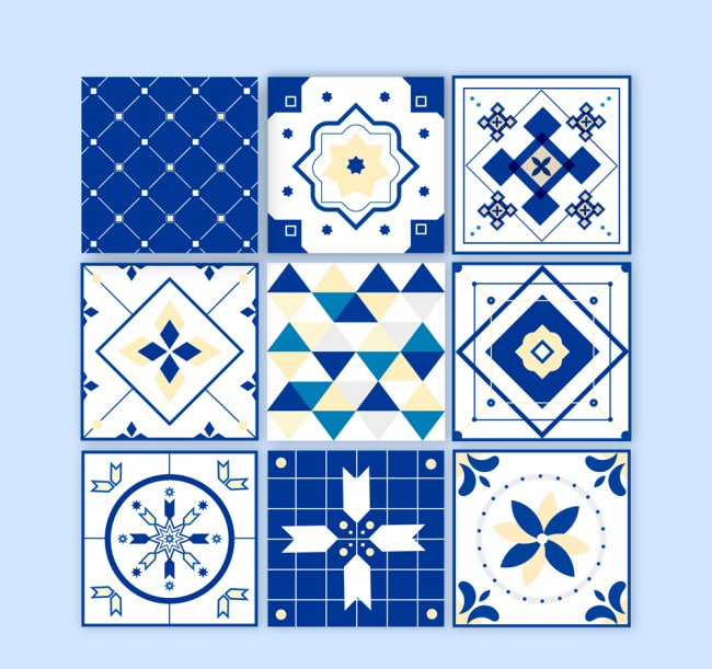 9款蓝色花纹方砖矢量素材素材天下精选