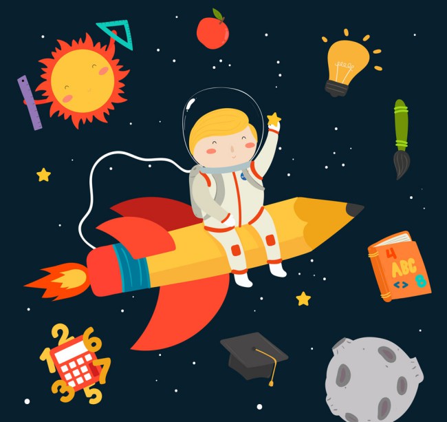 创意坐火箭遨游太空的男孩矢量图普贤居素材网精选