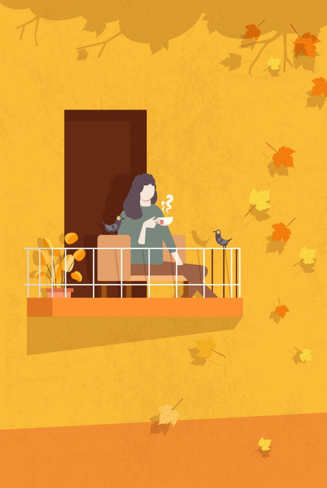 创意秋季阳台上喝茶的女子矢量图16设计网精选
