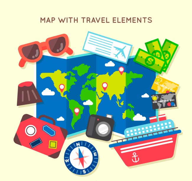 彩绘世界地图和10款旅行元素矢量图16图库网精选