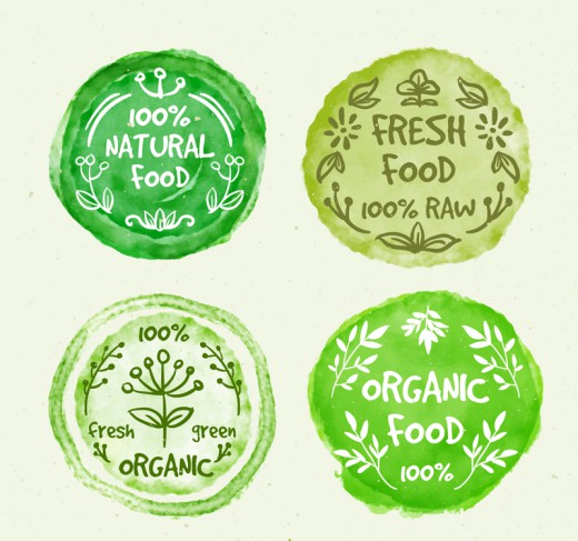 4款绿色水彩绘有机食物徽章矢量素材素材中国网精选