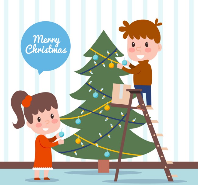 创意装扮圣诞树的2个儿童矢量素材16素材网精选