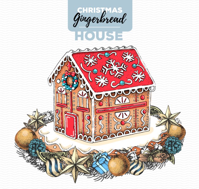 彩绘圣诞节姜饼屋和花环矢量图16设计网精选