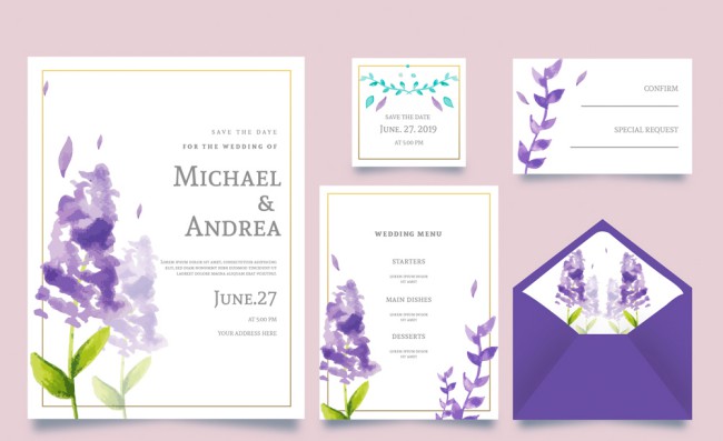 5款水彩绘紫色薰衣草婚礼卡片矢量图16素材网精选
