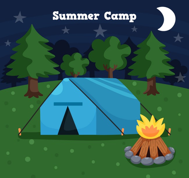 创意夜晚树林中的野营帐篷矢量图普贤居素材网精选