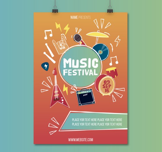 彩绘乐器音乐节海报矢量素材16设计