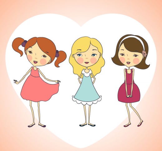 3个卡通穿裙子的女孩矢量素材素材