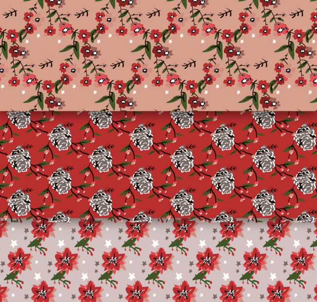3款手绘圣诞花卉无缝背景矢量图普贤居素材网精选