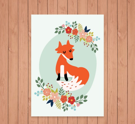 彩色花卉和狐狸卡片矢量素材16图库网精选
