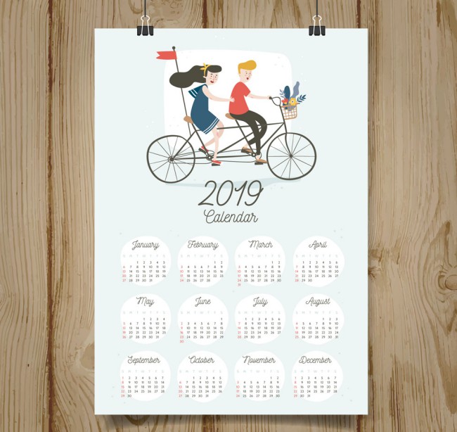 2019年创意骑单车的情侣年历矢量素材16图库网精选