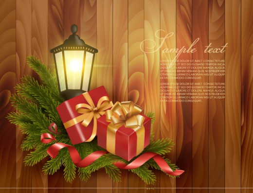 圣诞路灯礼盒木纹背景矢量素材16图库网精选