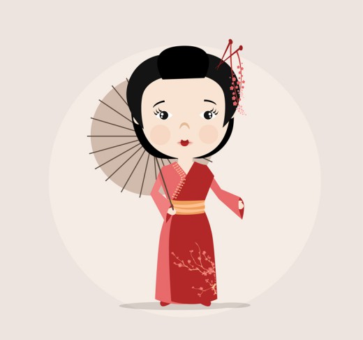 卡通撑伞的日本女子矢量图素材中国
