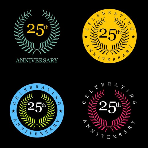 4款彩色25周年纪念徽章矢量素材素
