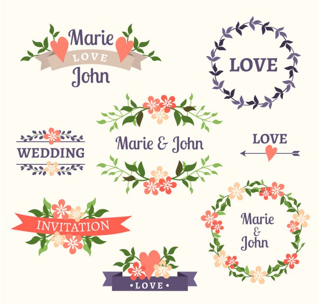 8款彩色婚礼花卉标签矢量图16图库网精选