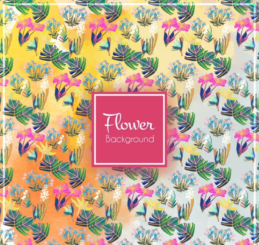 彩色花卉和叶子无缝背景矢量图普贤居素材网精选