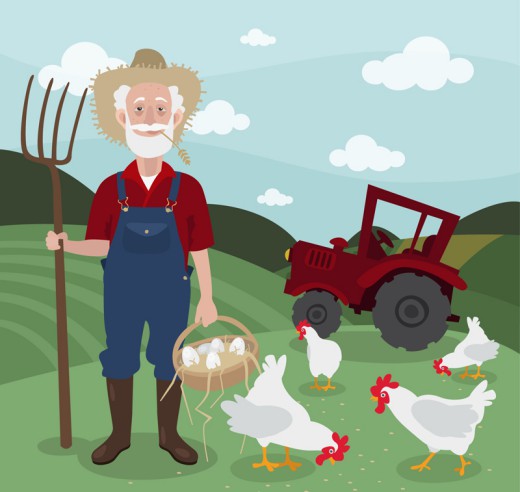 卡通白胡子农夫和鸡矢量素材16图库网精选