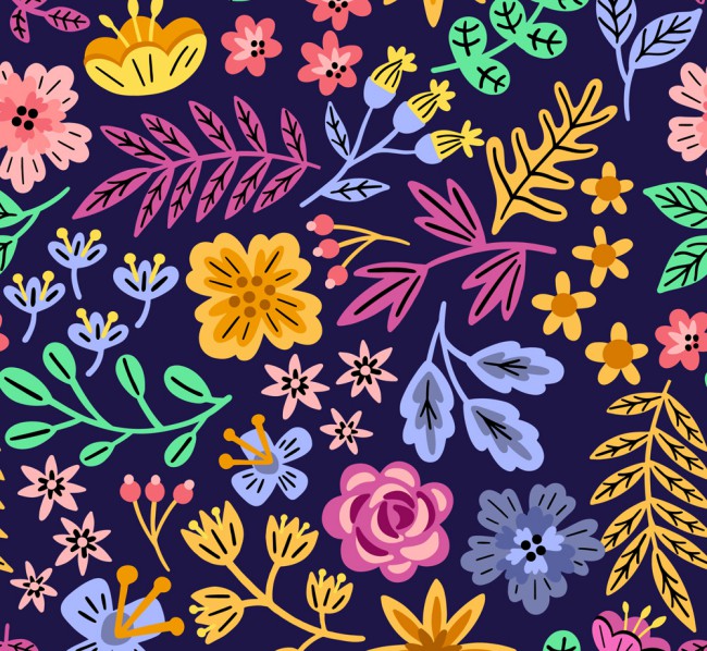 彩色抽象花卉和树叶无缝背景矢量图普贤居素材网精选