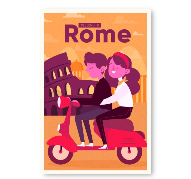 创意骑摩托车情侣罗马旅行传单矢量图16图库网精选