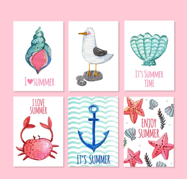 6款水彩绘夏季元素卡片矢量素材16素材网精选