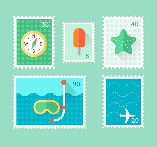 5款清新度假元素邮票矢量素材16素材网精选