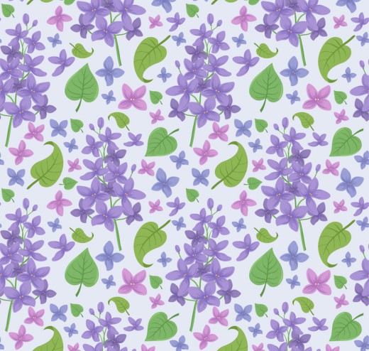 紫色丁香花和叶子无缝背景矢量图素