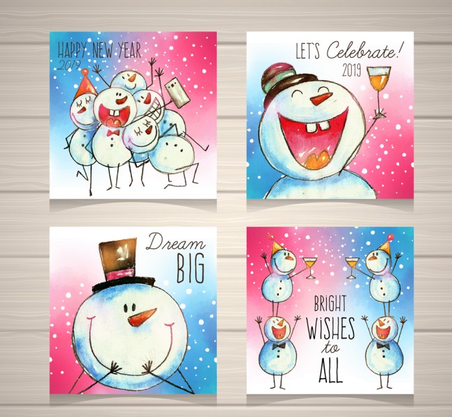 4款手绘雪人新年卡片矢量素材16图库网精选