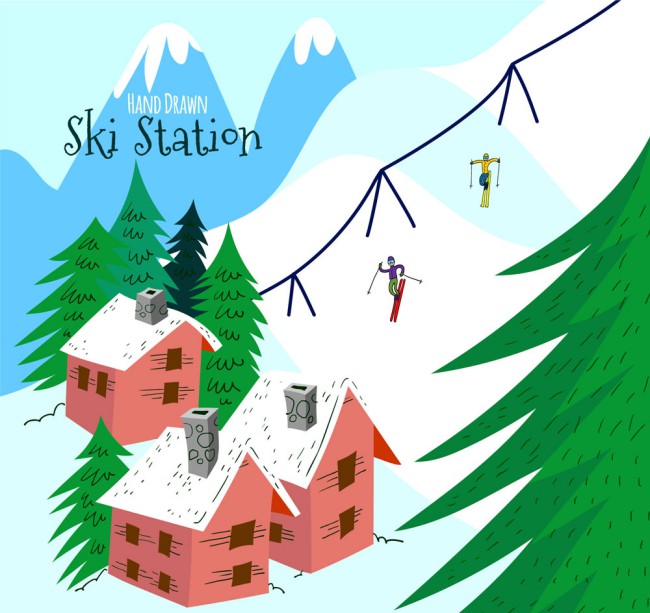 彩绘雪山滑雪场设计矢量素材16素材