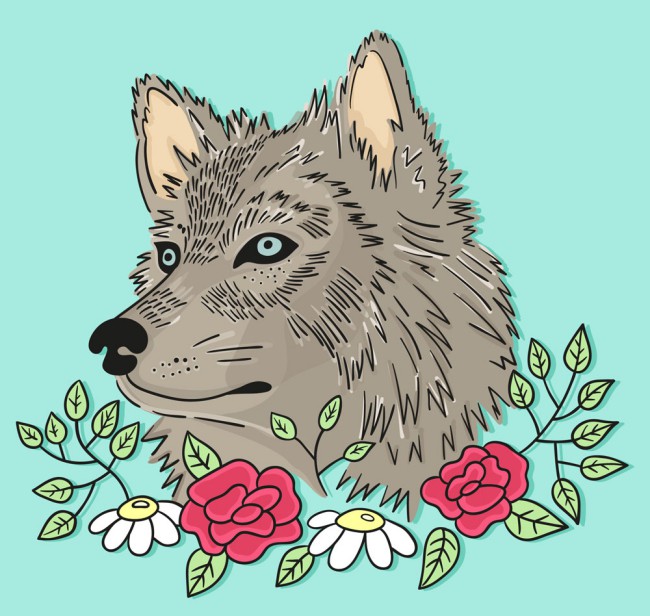 彩绘狼头像和花卉矢量素材16图库网精选