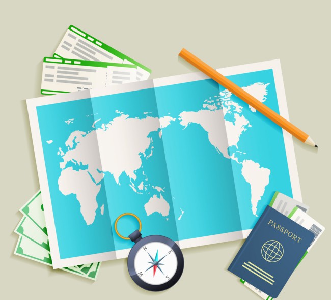 蓝色折页世界地图上的5款旅行物品矢量图16素材网精选