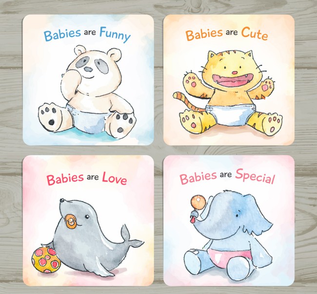 4款可爱手绘动物迎婴卡片矢量图素材中国网精选