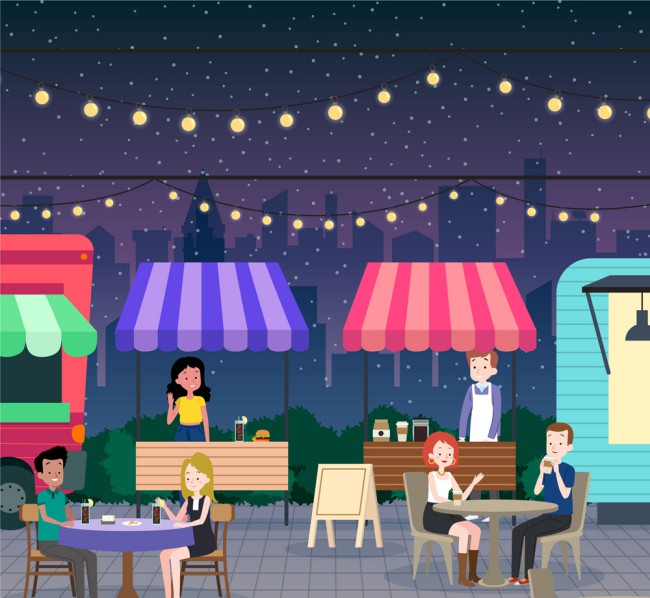 卡通夜晚小吃摊街景矢量素材16设计网精选