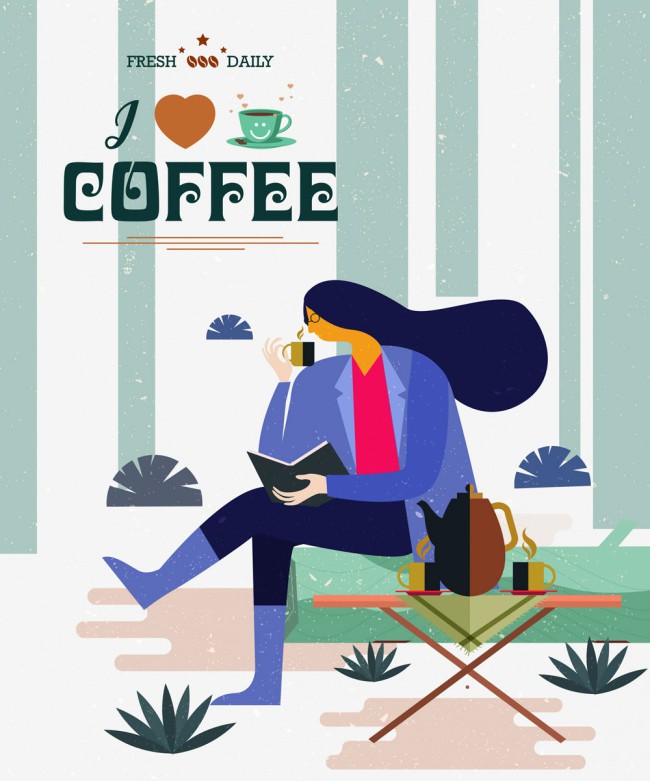 创意森林里喝咖啡的女子矢量素材16图库网精选