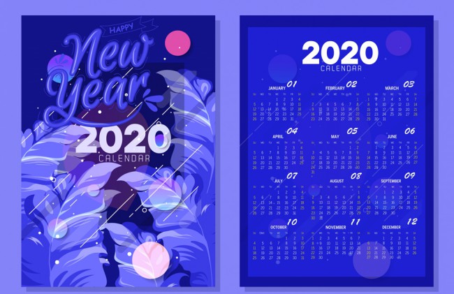 2020年蓝色雨中的树叶年历矢量图16