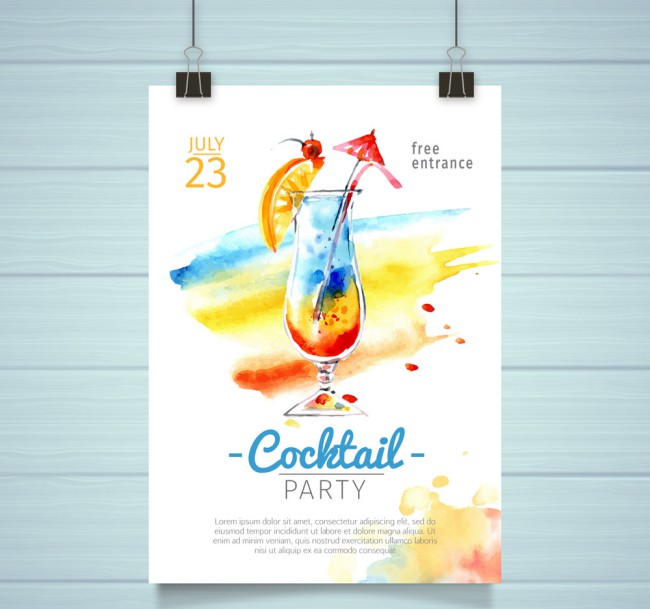 水彩绘鸡尾酒派对海报矢量素材16图库网精选