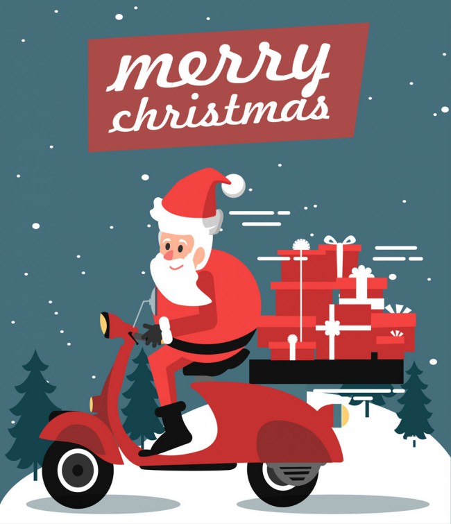 创意开摩托车送礼物的圣诞老人矢量图普贤居素材网精选