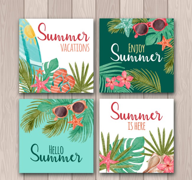 4款彩绘夏季度假卡片矢量素材16设计网精选