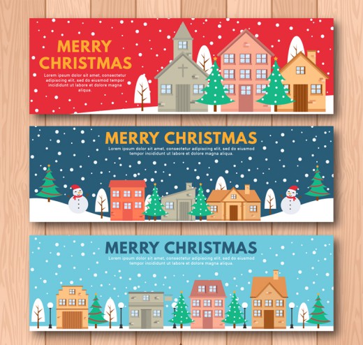 3款雪中的圣诞小城banner矢量素材16图库网精选