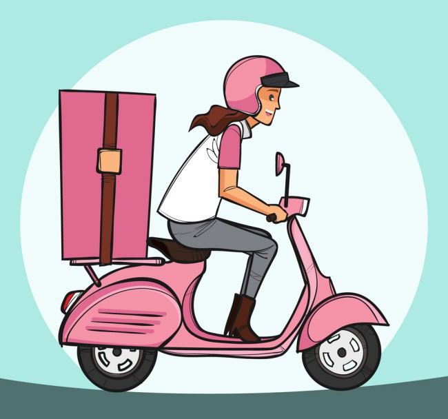 创意骑粉色电动车送货的女子矢量图素材中国网精选