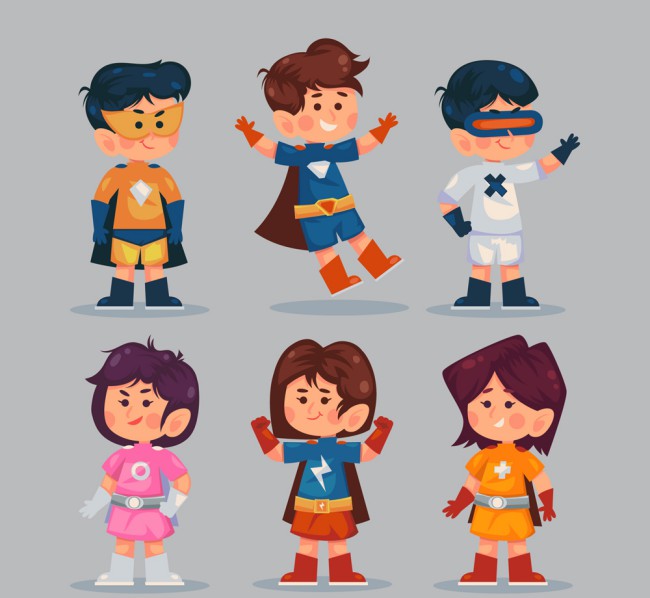 6款卡通超级英雄装扮儿童矢量图素