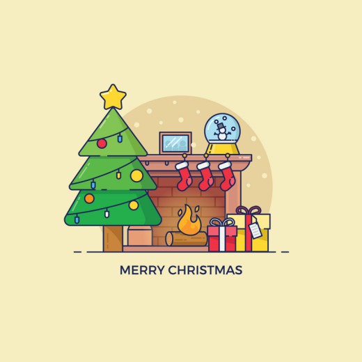 卡通圣诞树和壁炉等元素装饰客厅矢