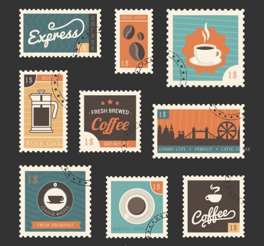 9款复古咖啡邮票设计矢量素材素材天下精选
