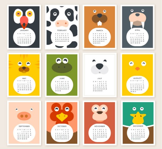 2015卡通动物日历矢量素材16设计网精选